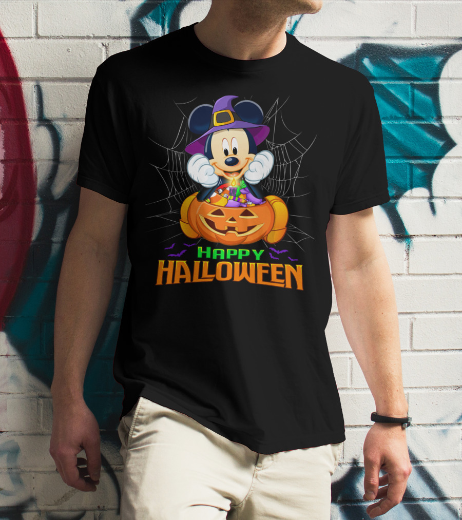 Mickey Happy Halloween Witch Hat Pumpkin Bat Spiderweb T-Shirt