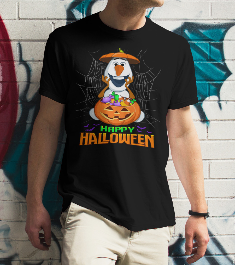 Olaf Happy Halloween With Pumpkin And Candy Basket T-Shirt