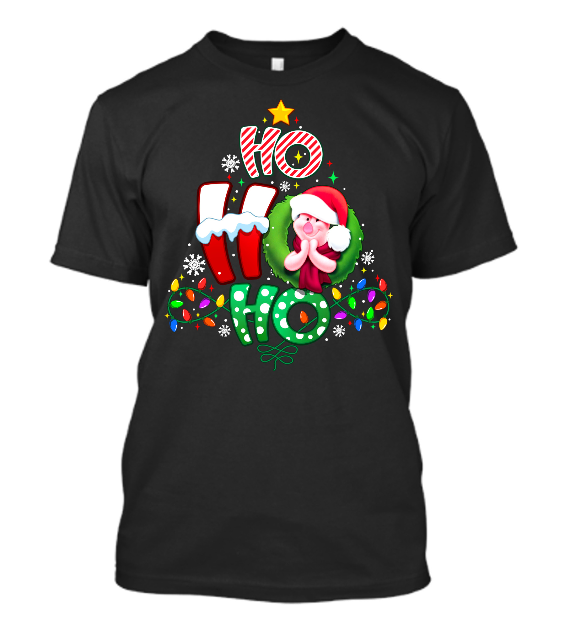 Ho Ho Ho Piglet Christmas Lights Snowflakes Santa Hat T-Shirt