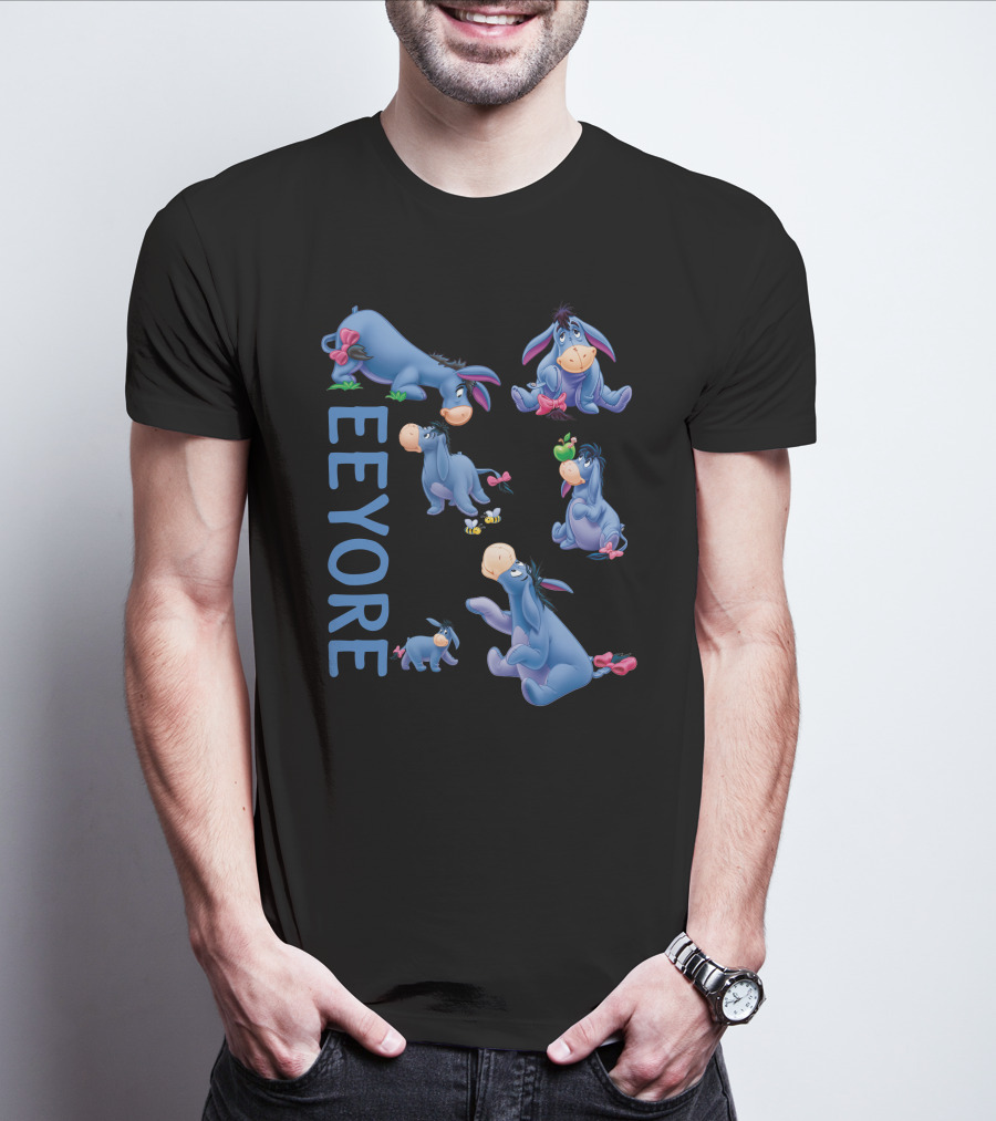 Eeyore Character Illustrations With Text On Black T-Shirt