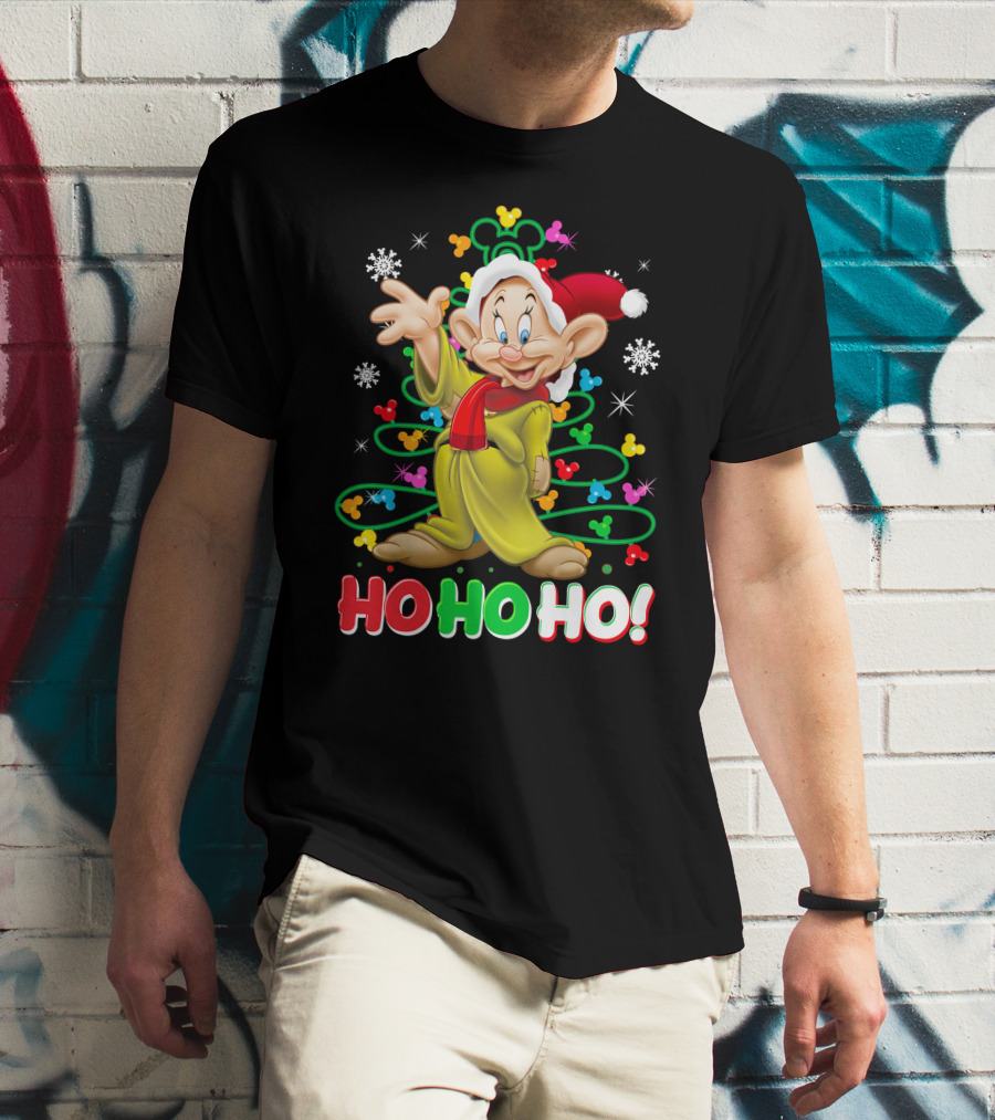 Dopey Ho Ho Ho Christmas Snowflakes Green Yellow Red Santa Hat Disney T-Shirt