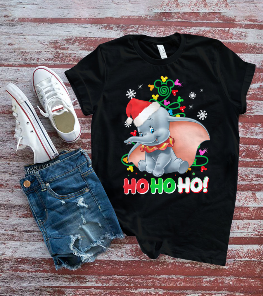 Dumbo Christmas Ho Ho Ho Santa Hat Mickey Mouse Ears Snowflakes T-Shirt