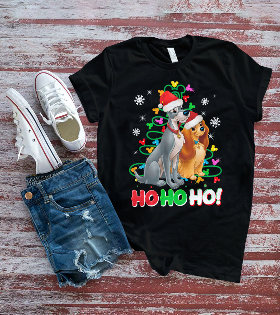 Lady And The Tramp Ho Ho Ho Christmas Santa Hats Snowflakes T-Shirt