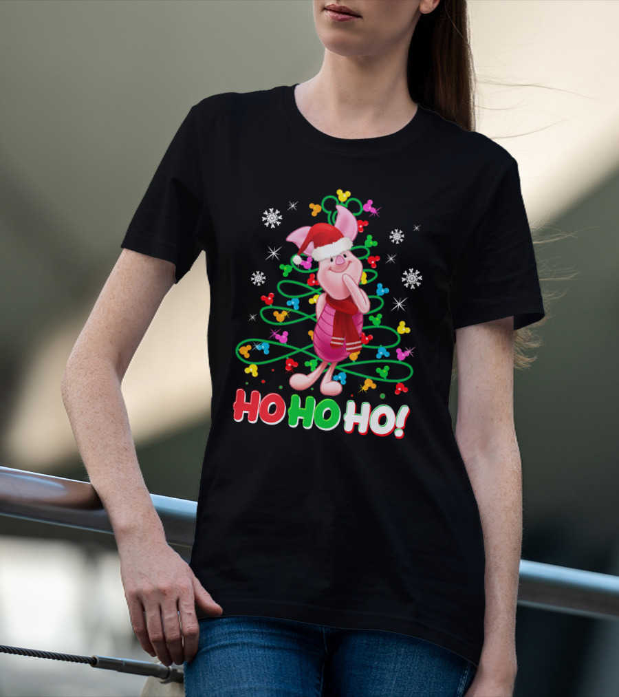 Piglet Christmas Ho Ho Ho Santa Hat Festive Holiday Snowflakes T-Shirt