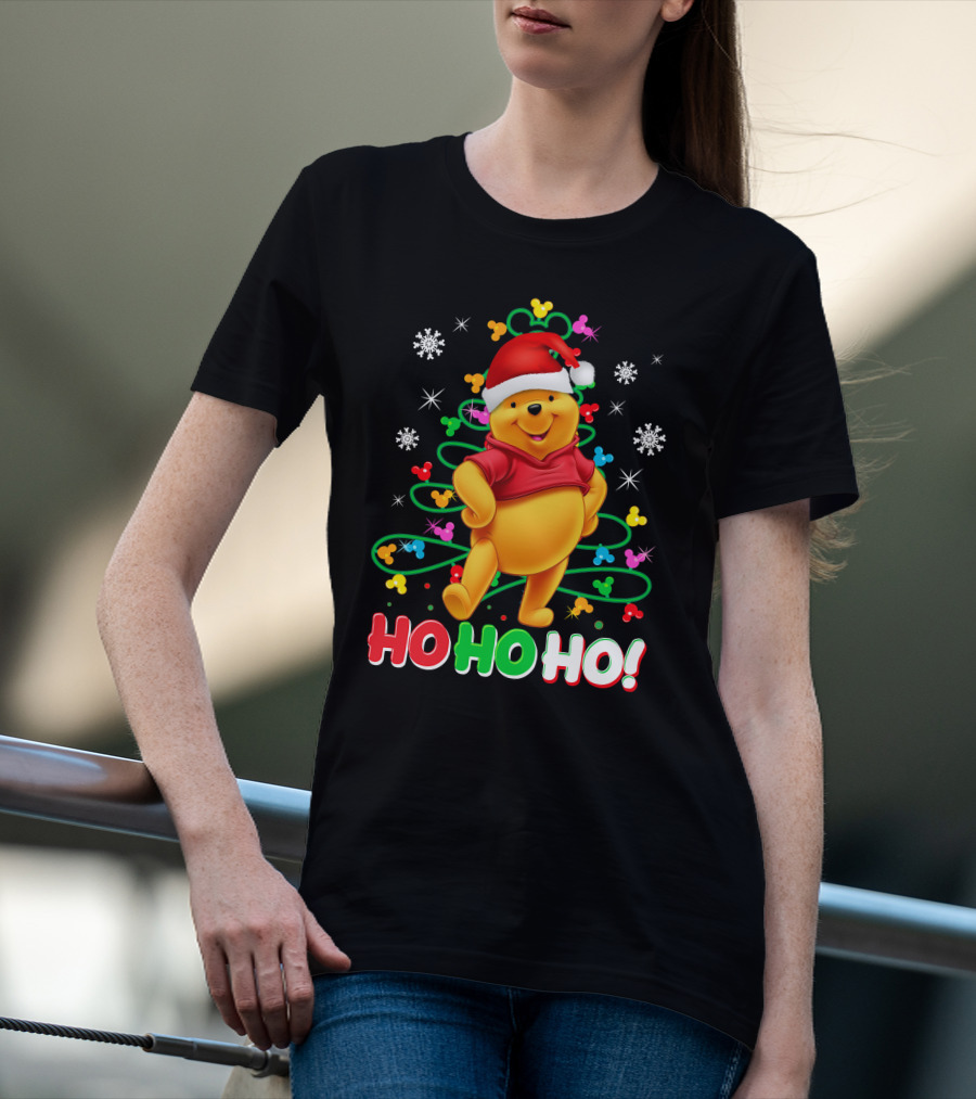 Winnie The Pooh Christmas Ho Ho Ho Santa Hat Snowflakes And Lights T-Shirt