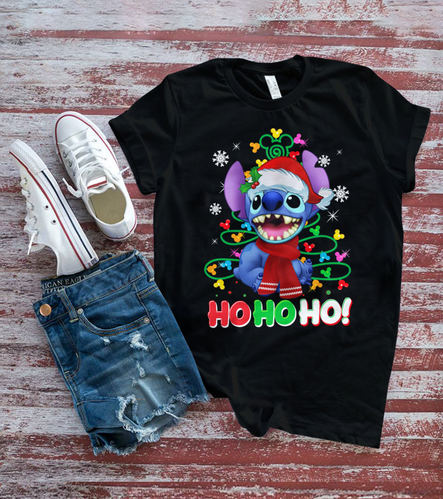 Stitch Christmas Ho Ho Ho Santa Hat Holiday Snowflakes Mickey Ears T-Shirt