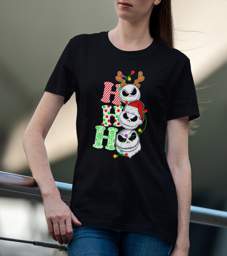 Ho Ho Ho Jack Skellington Christmas Lights Reindeer Antlers Santa Hat T-Shirt