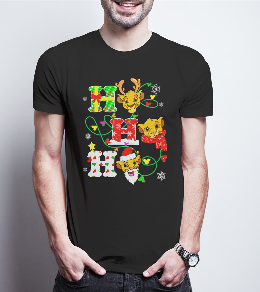Ho Ho Ho Christmas Simba With Reindeer And Santa Hat T-Shirt