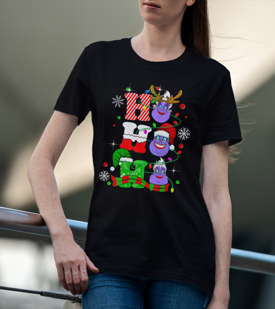 Ho Ho Ho Ursula Christmas Reindeer Santa Hats And Snowflakes T-Shirt