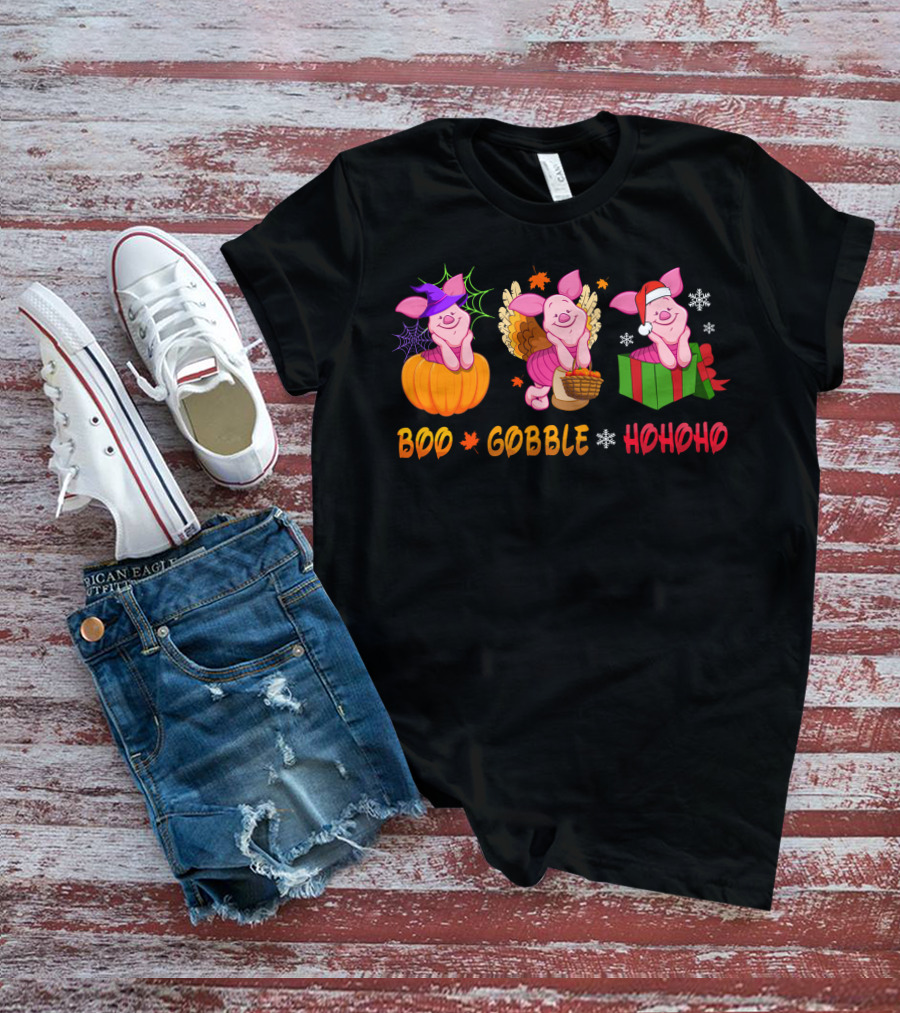 Boo Gobble Hohoho Piglet Halloween Thanksgiving Christmas T-Shirt