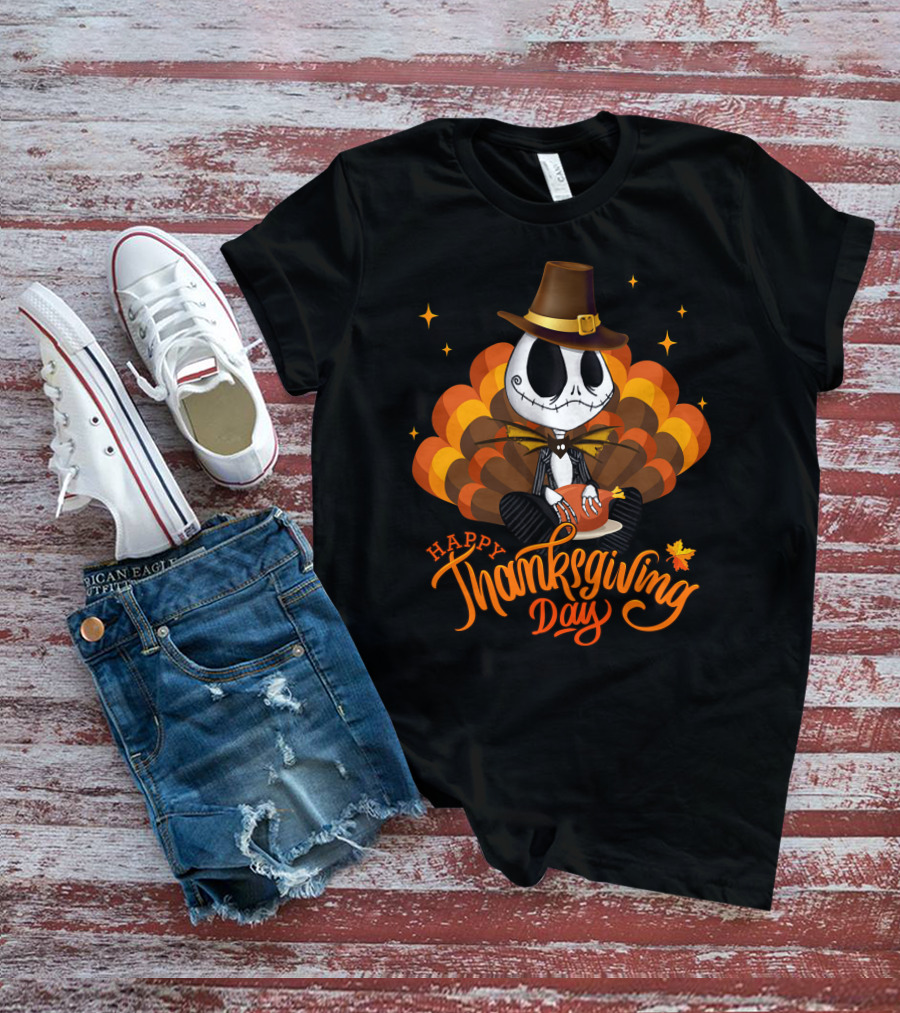 Happy Thanksgiving Day Jack Skellington With Pumpkin Turkey Hat T-Shirt