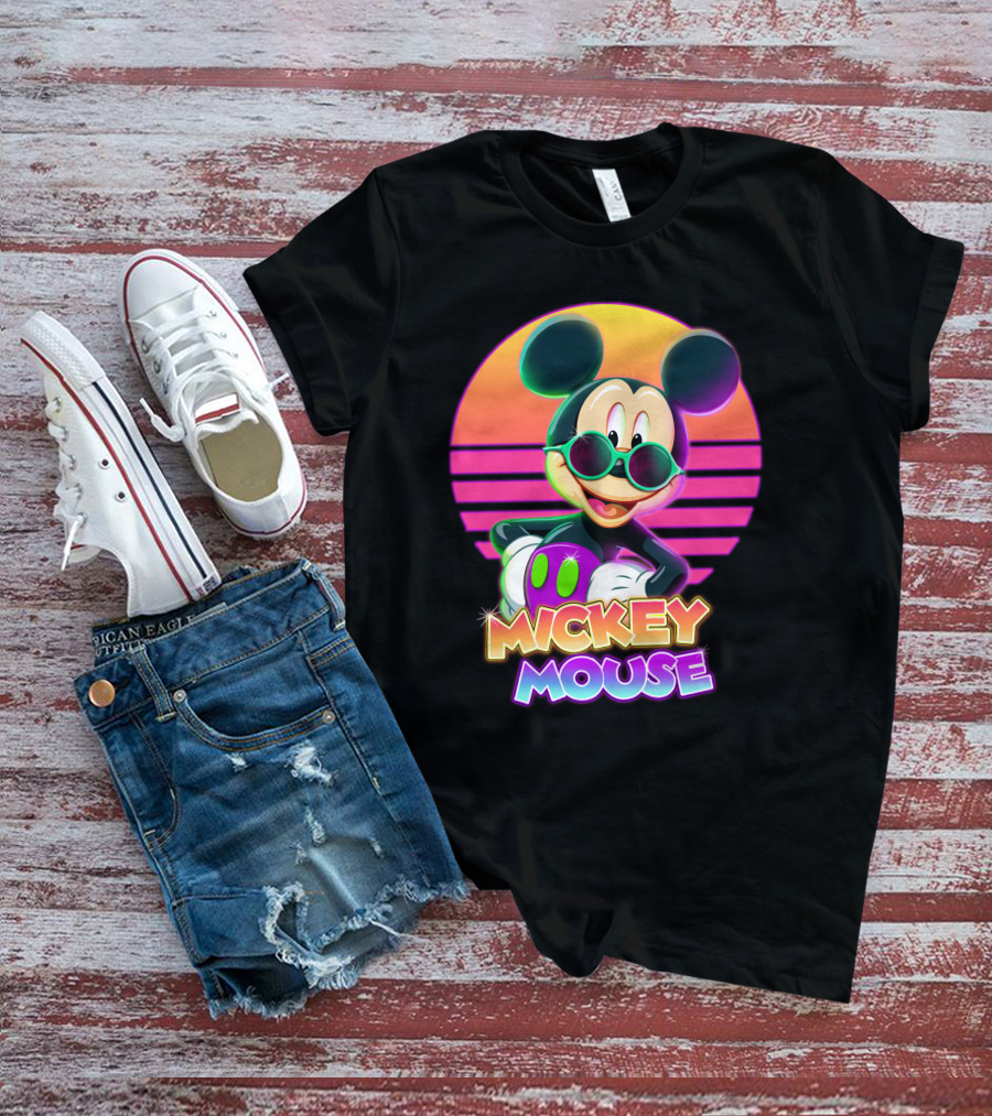 Mickey Mouse Retro Neon Style Sunglasses Sunset T-Shirt