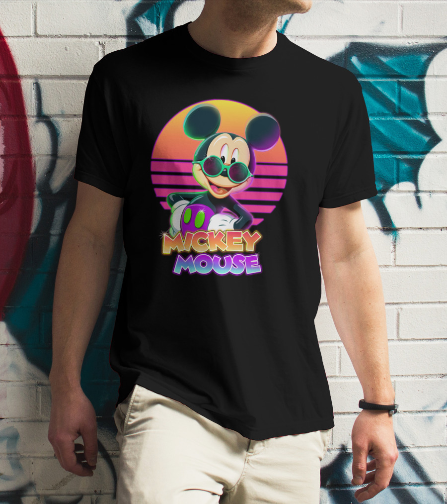 Mickey Mouse Retro Neon Style Sunglasses Sunset T-Shirt