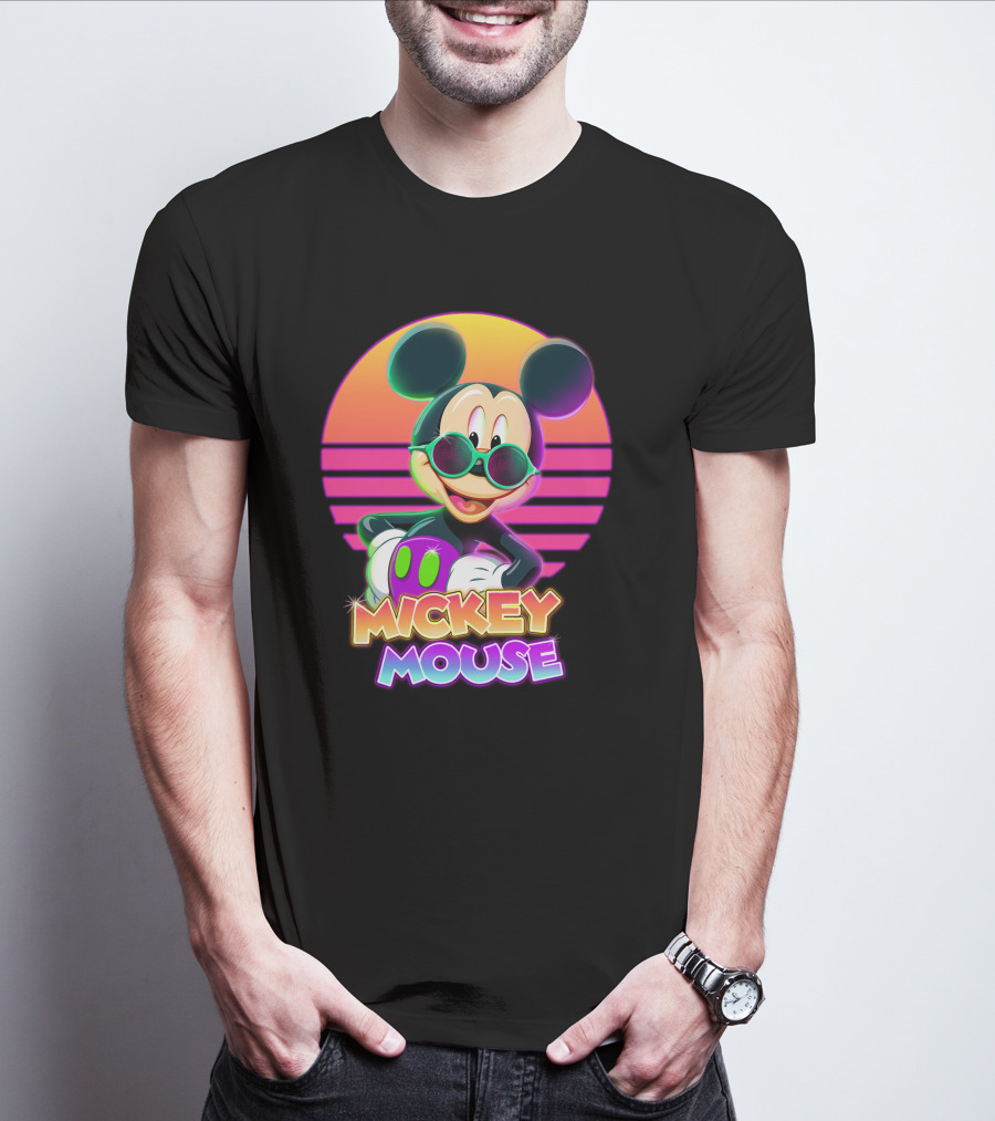 Mickey Mouse Retro Neon Style Sunglasses Sunset T-Shirt