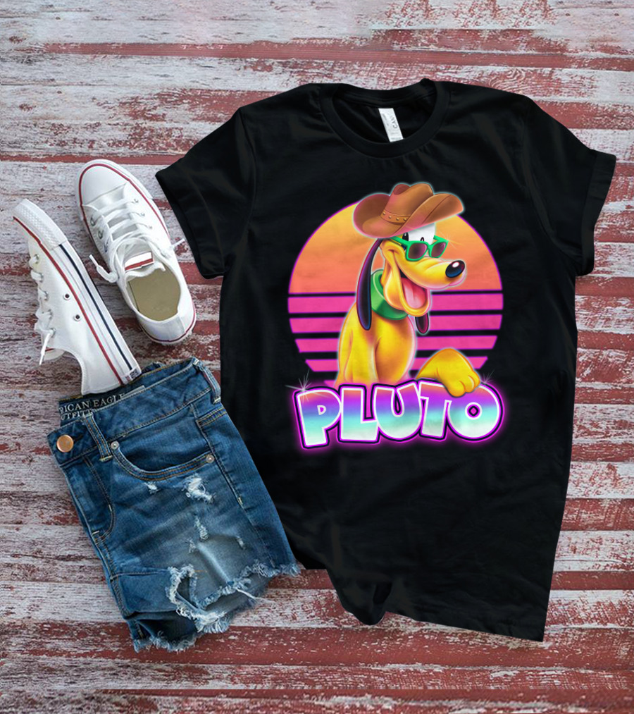 Pluto Retro Sunset Neon Style With Sunglasses And Cowboy Hat T-Shirt
