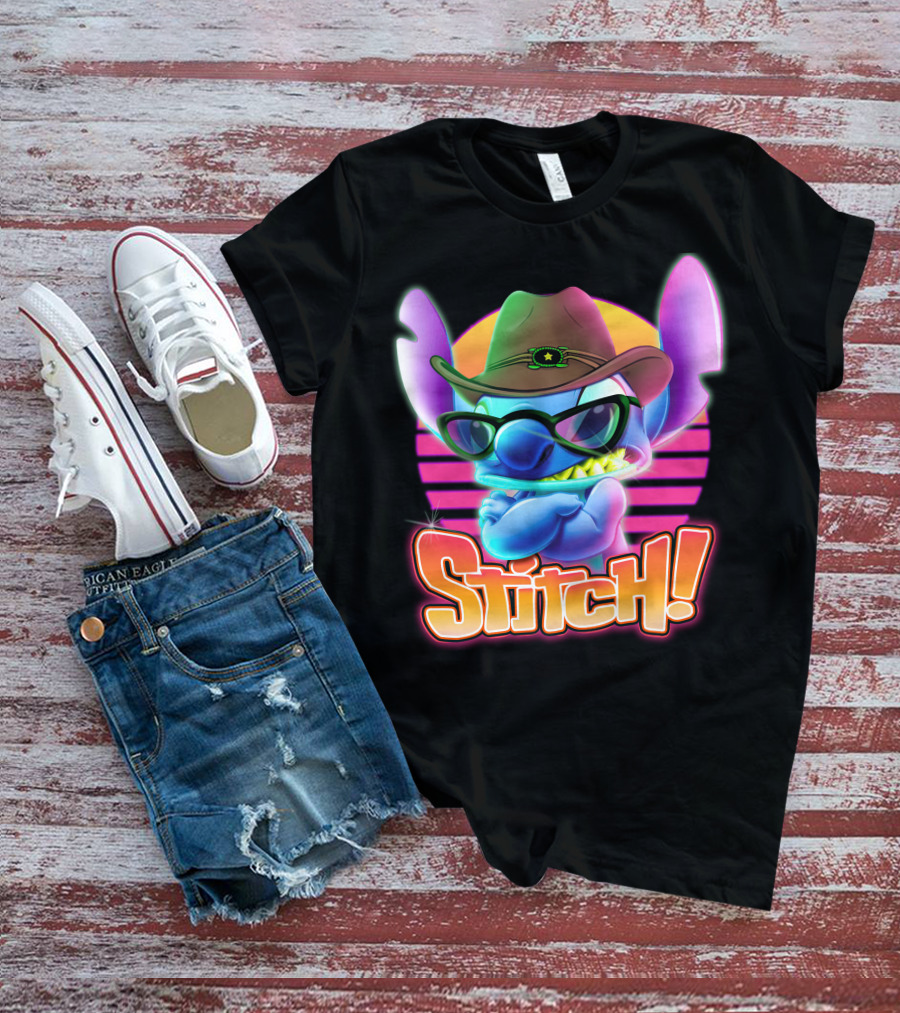 Stitch Neon Retro Cowboy Style With Sunglasses T-Shirt