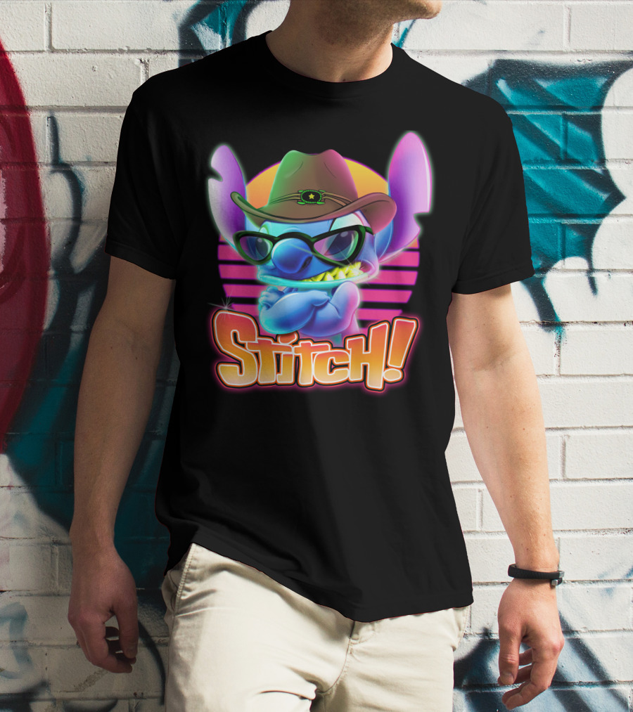Stitch Neon Retro Cowboy Style With Sunglasses T-Shirt
