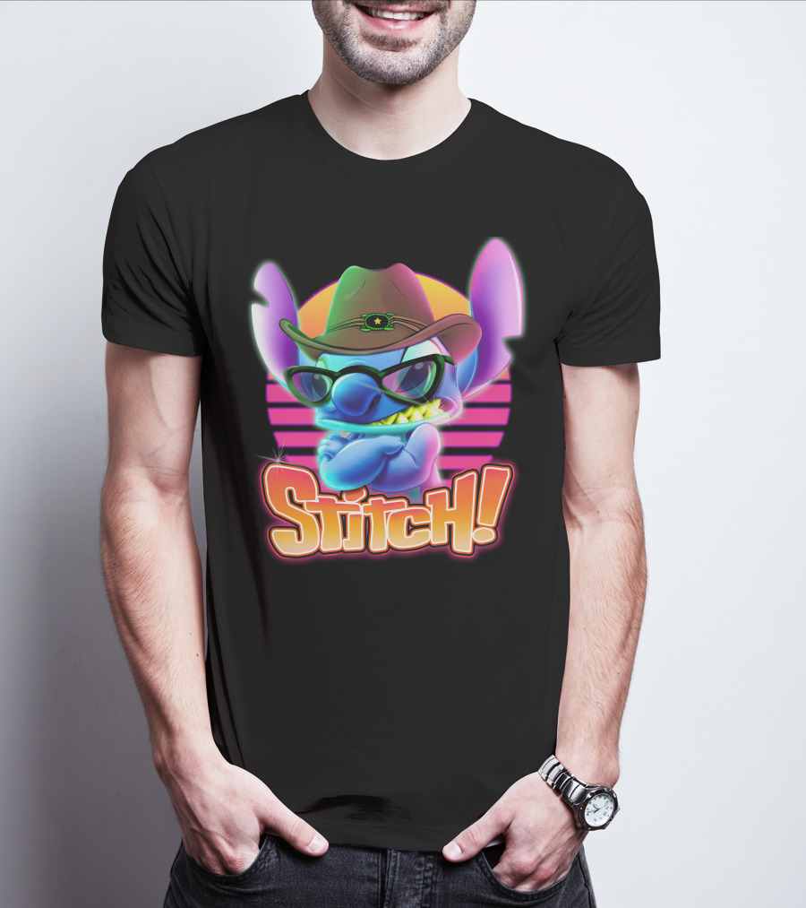 Stitch Neon Retro Cowboy Style With Sunglasses T-Shirt