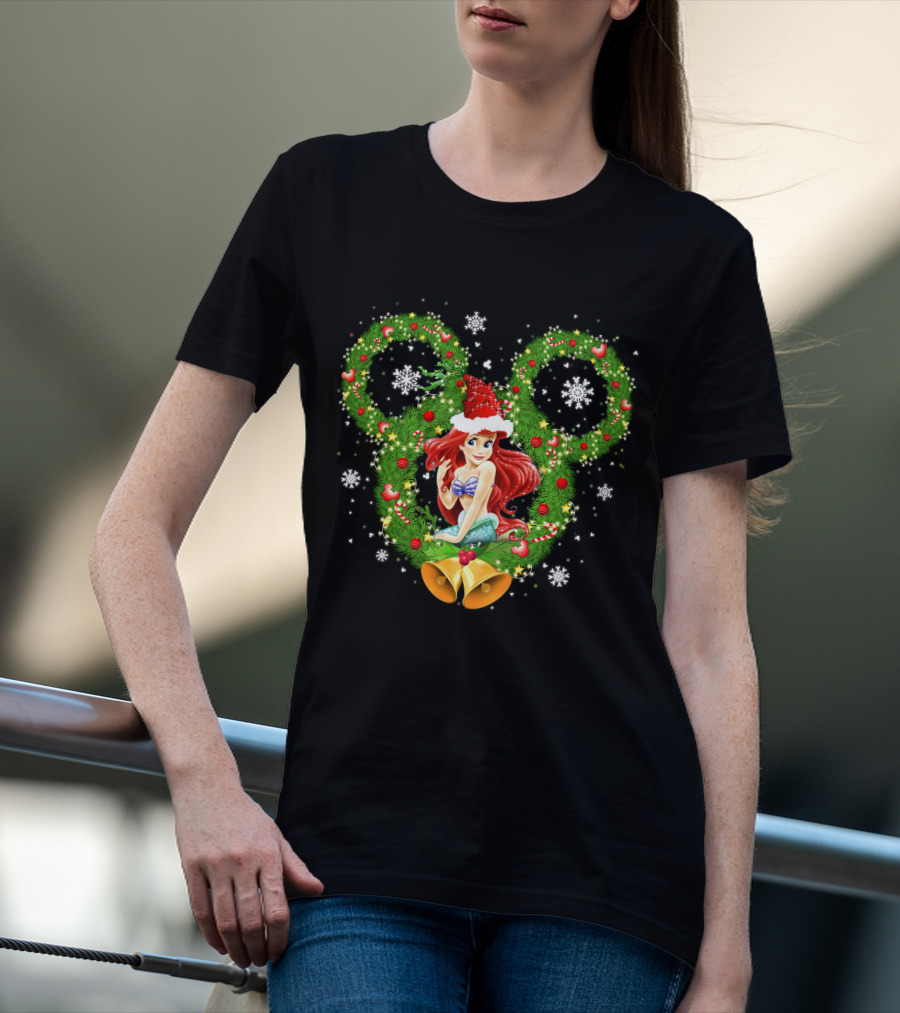 Ariel Christmas Holiday Wreath With Mickey Ears And Festive Bells T-Shirt