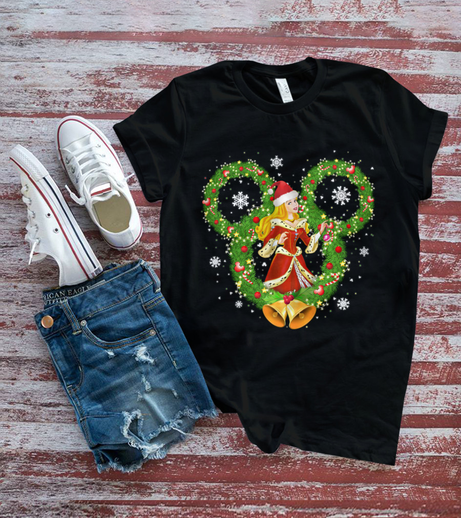 Aurora Christmas Wreath With Santa Hat And Bells Mickey Icon Snowflakes T-Shirt