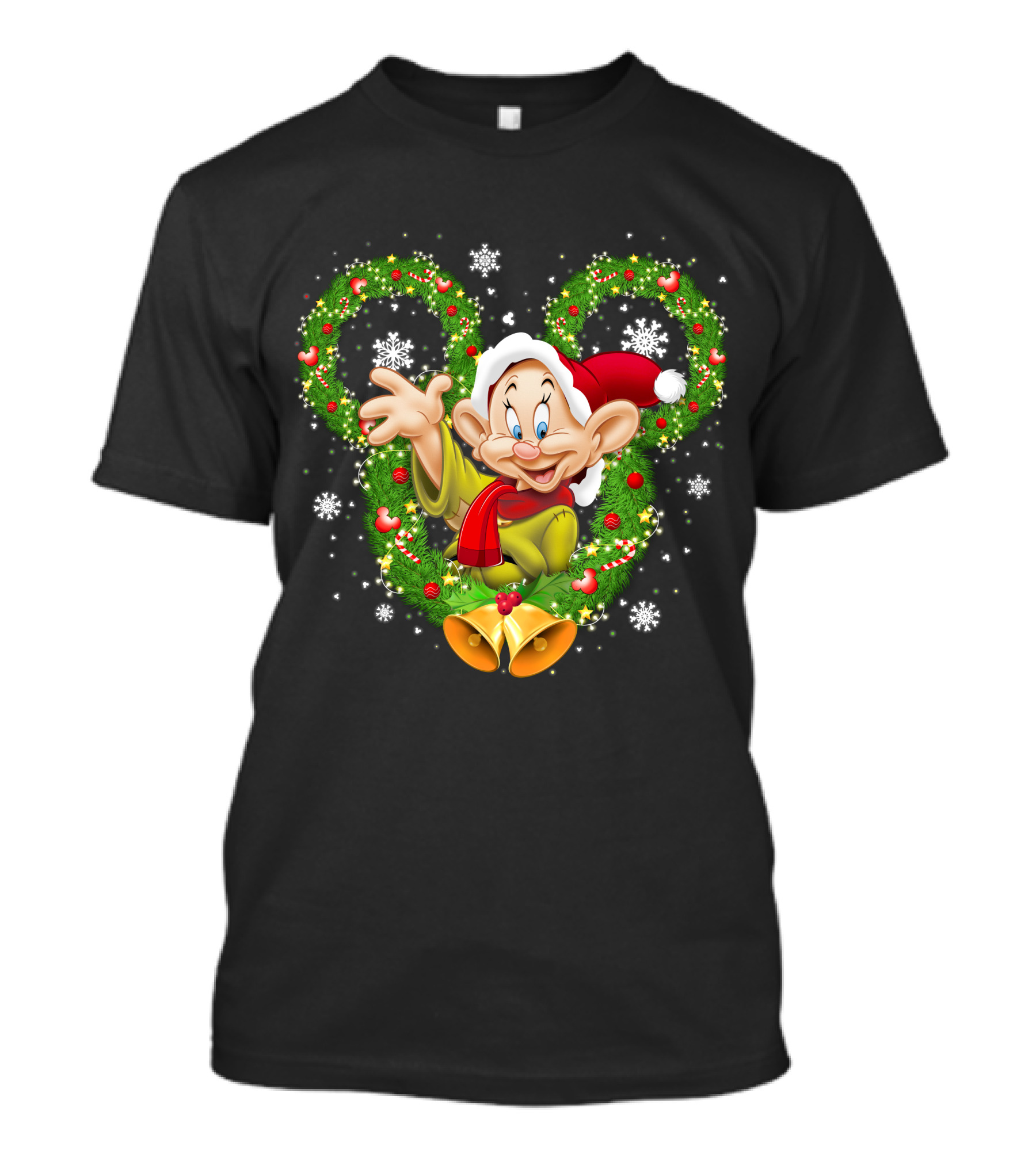 Dopey Christmas Disney Wreath Snowflakes And Santa Hat T-Shirt