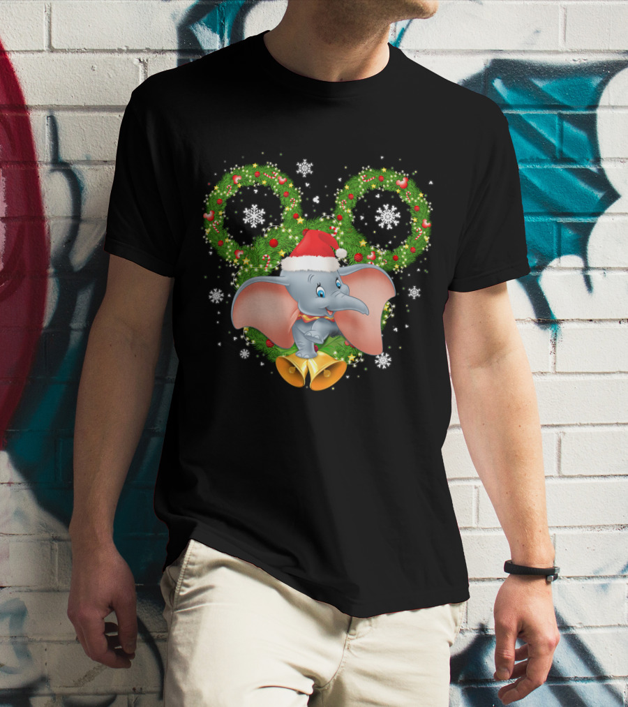 Dumbo Christmas Santa Hat Holiday Wreath Snowflakes T-Shirt