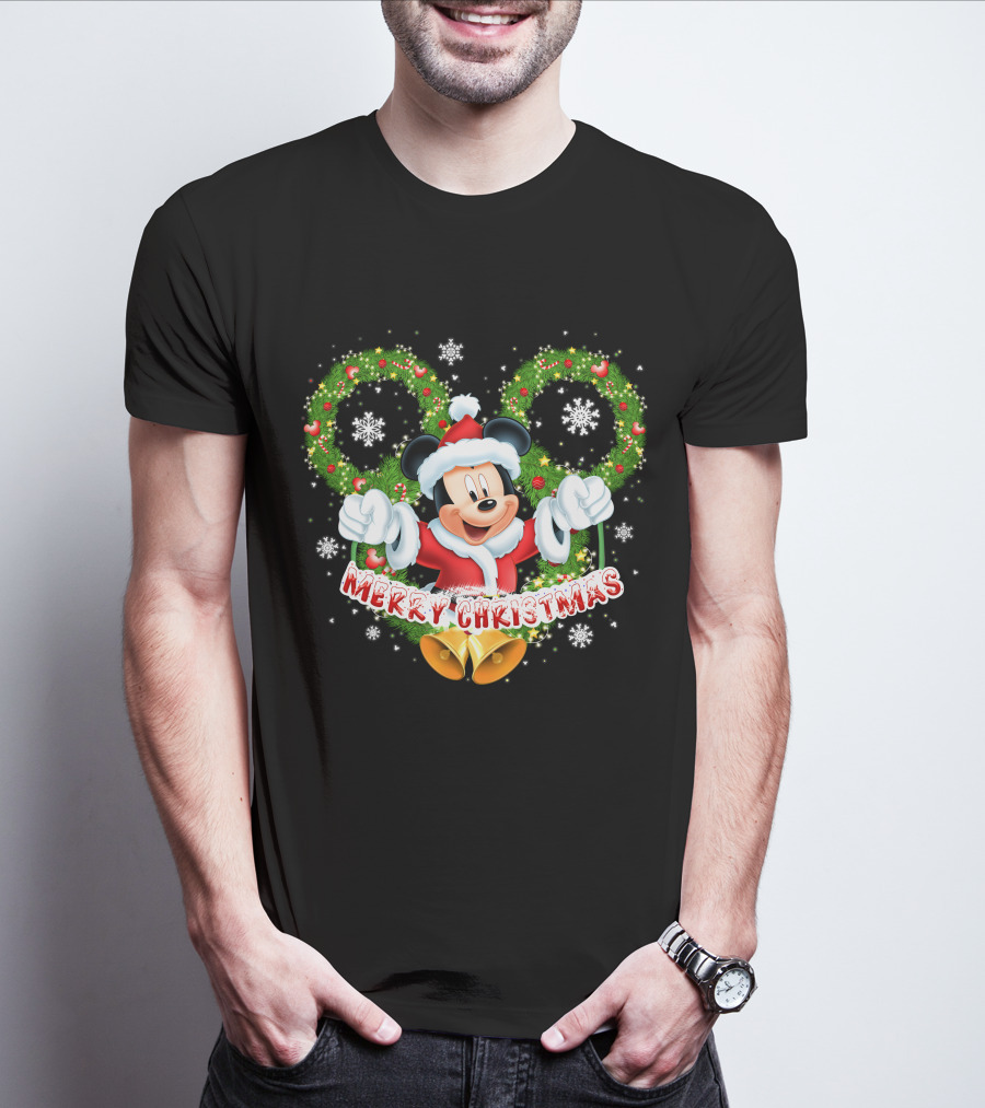 Mickey Mouse Merry Christmas Wreaths And Snowflakes T-Shirt