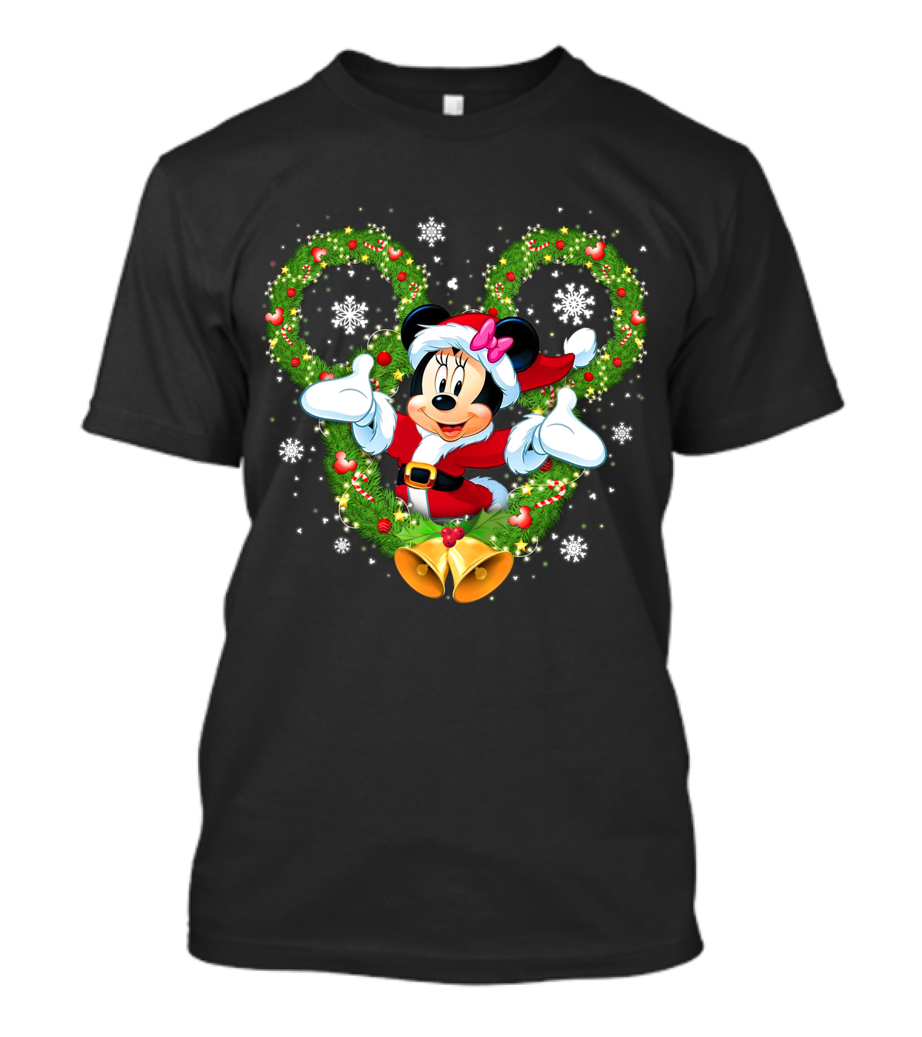 Minnie Mouse Christmas Wreath Santa Snowflakes Bow Bells T-Shirt