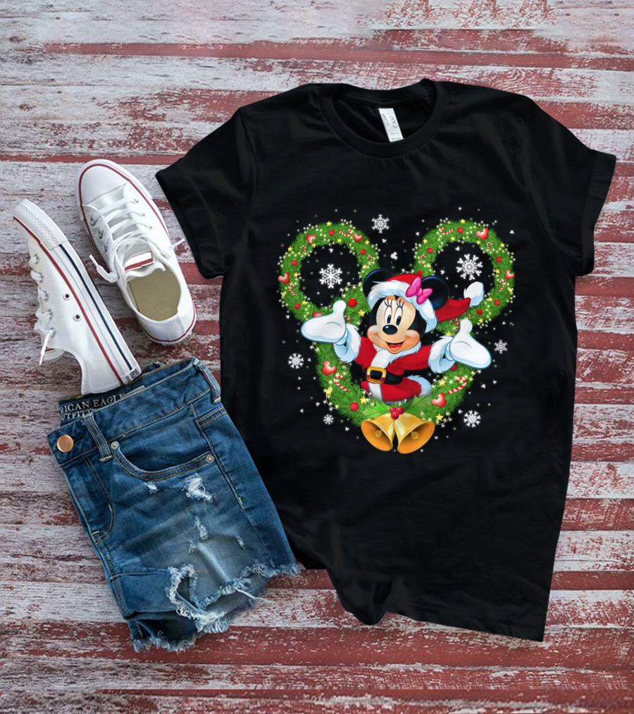Minnie Mouse Christmas Wreath Santa Snowflakes Bow Bells T-Shirt