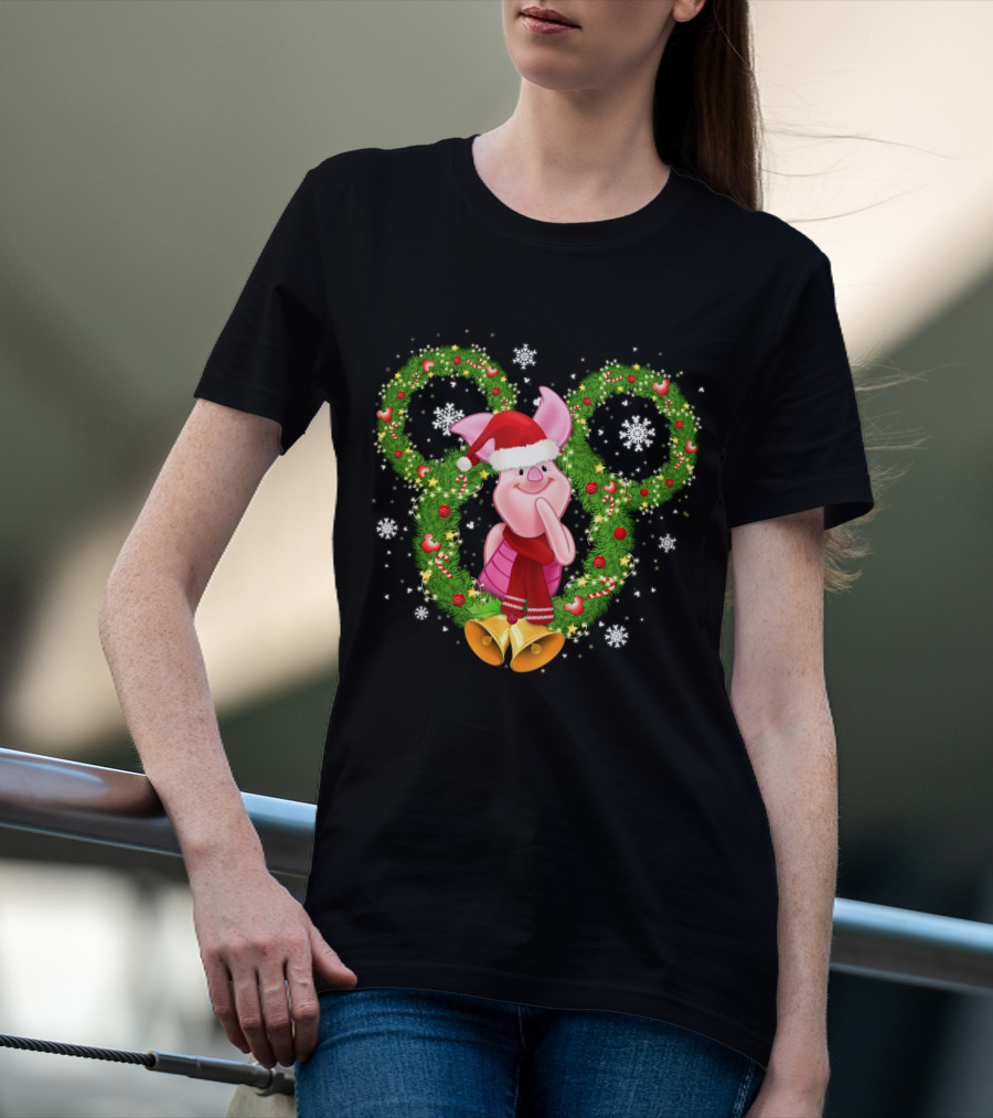 Piglet Christmas Wreath Mickey Mouse Ears Snowflakes Santa Hat T-Shirt