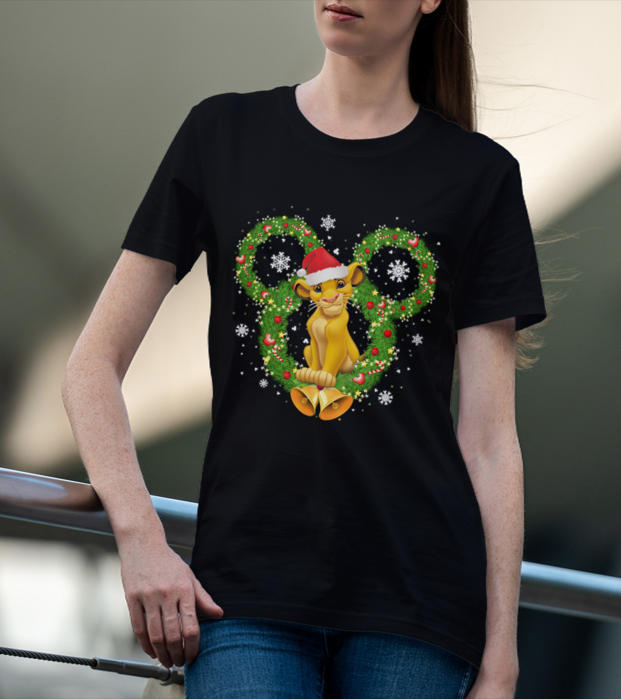 Simba Christmas Wreath With Santa Hat And Snowflakes T-Shirt