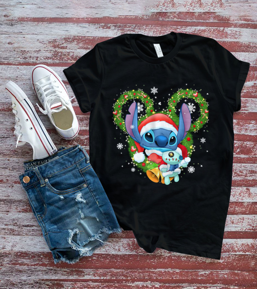 Stitch Santa Christmas Wreath Lilo And Stitch Disney Holiday T-Shirt