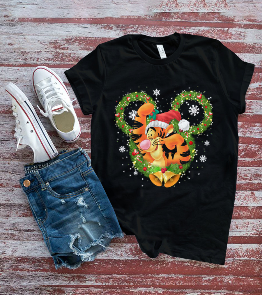 Tigger Christmas Mickey Ears Snowflakes Santa Hat Wreath T-Shirt