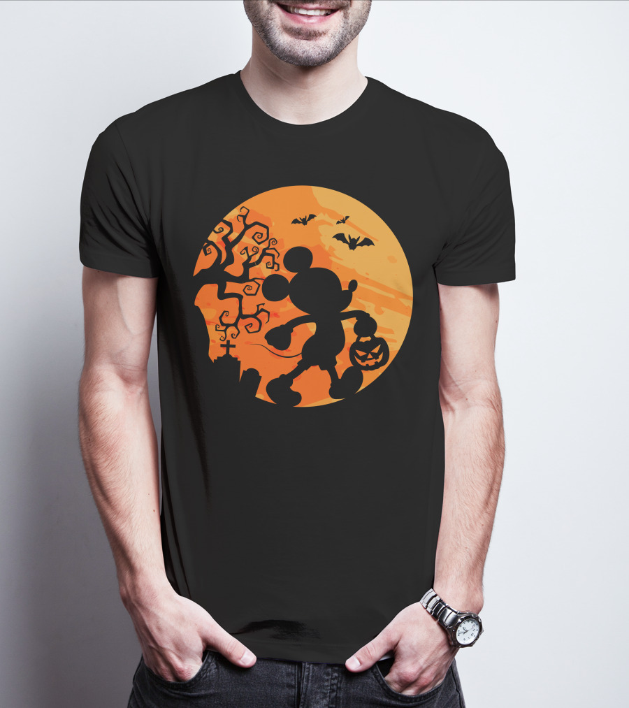 Halloween 54 Mickey Mouse Silhouette With Pumpkin And Bats T-Shirt