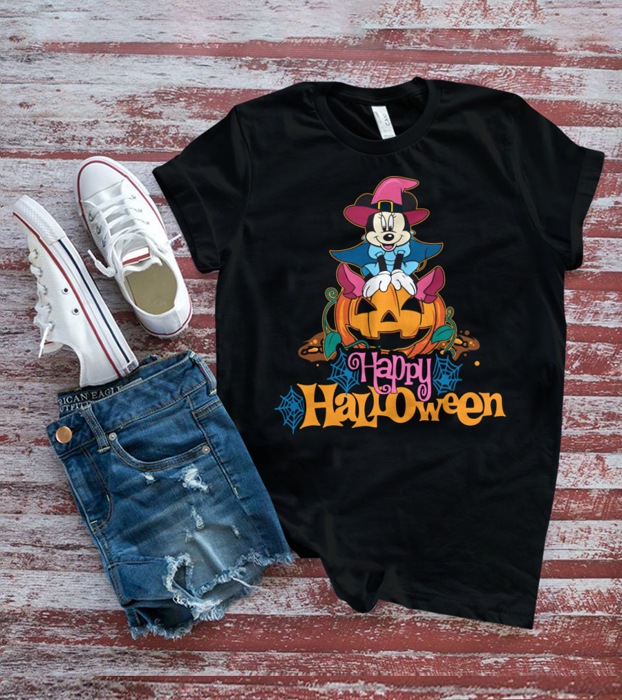 Happy Halloween 63 Mickey Mouse On Jack-O'-Lantern With Witch Hat And Spider Webs T-Shirt