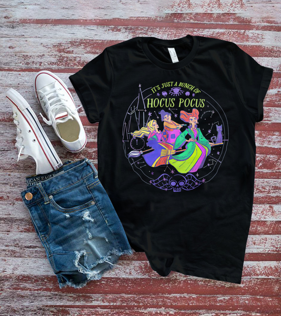 Hocus Pocus It's Just A Bunch Of Witches Flying With Magical Symbols And Black Cat T-Shirt