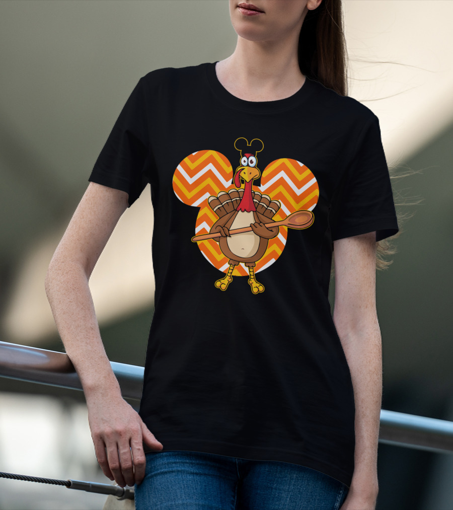 Thanksgiving Turkey With Spoon And Mickey Ears On Chevron T-Shirt