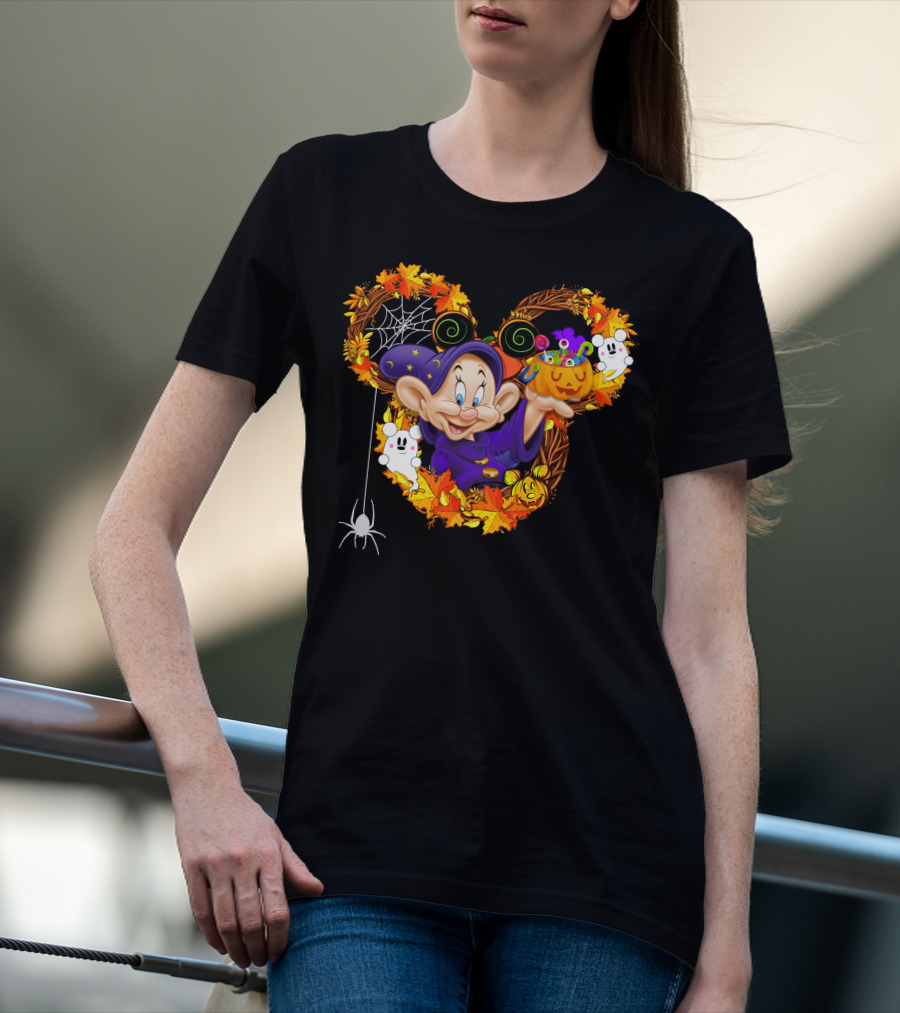 Dopey Halloween Mickey Ears Autumn Leaves Ghosts And Pumpkins T-Shirt