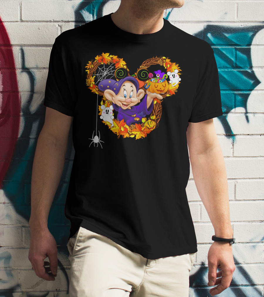 Dopey Halloween Mickey Ears Autumn Leaves Ghosts And Pumpkins T-Shirt