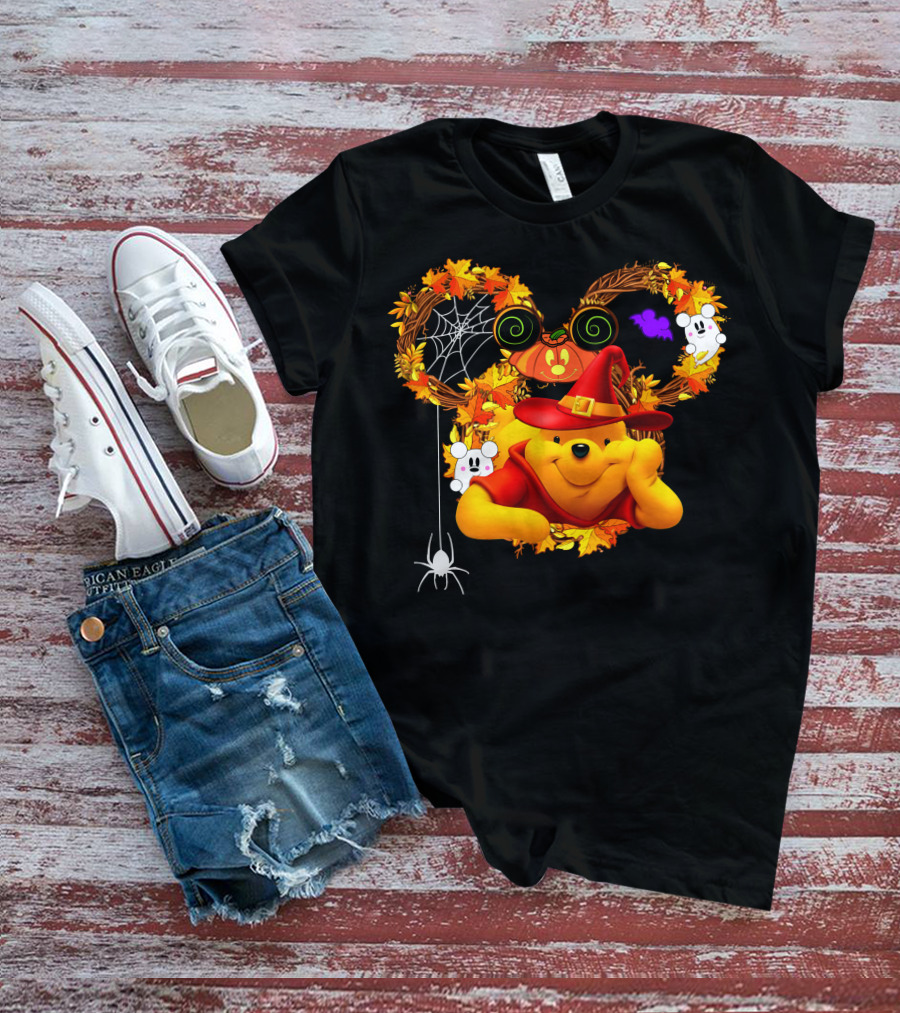 Pooh Halloween Witch Pumpkin Spider Ghosts Autumn Leaves T-Shirt