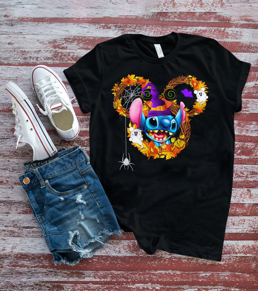 Stitch Halloween Mickey Mouse Ears With Spooky Autumn Leaves And Spider Web T-Shirt