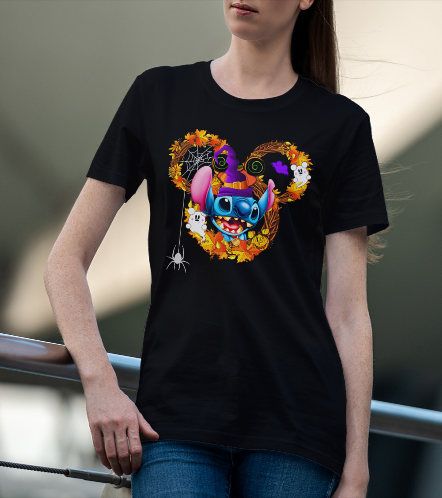 Stitch Halloween Mickey Mouse Ears With Spooky Autumn Leaves And Spider Web T-Shirt