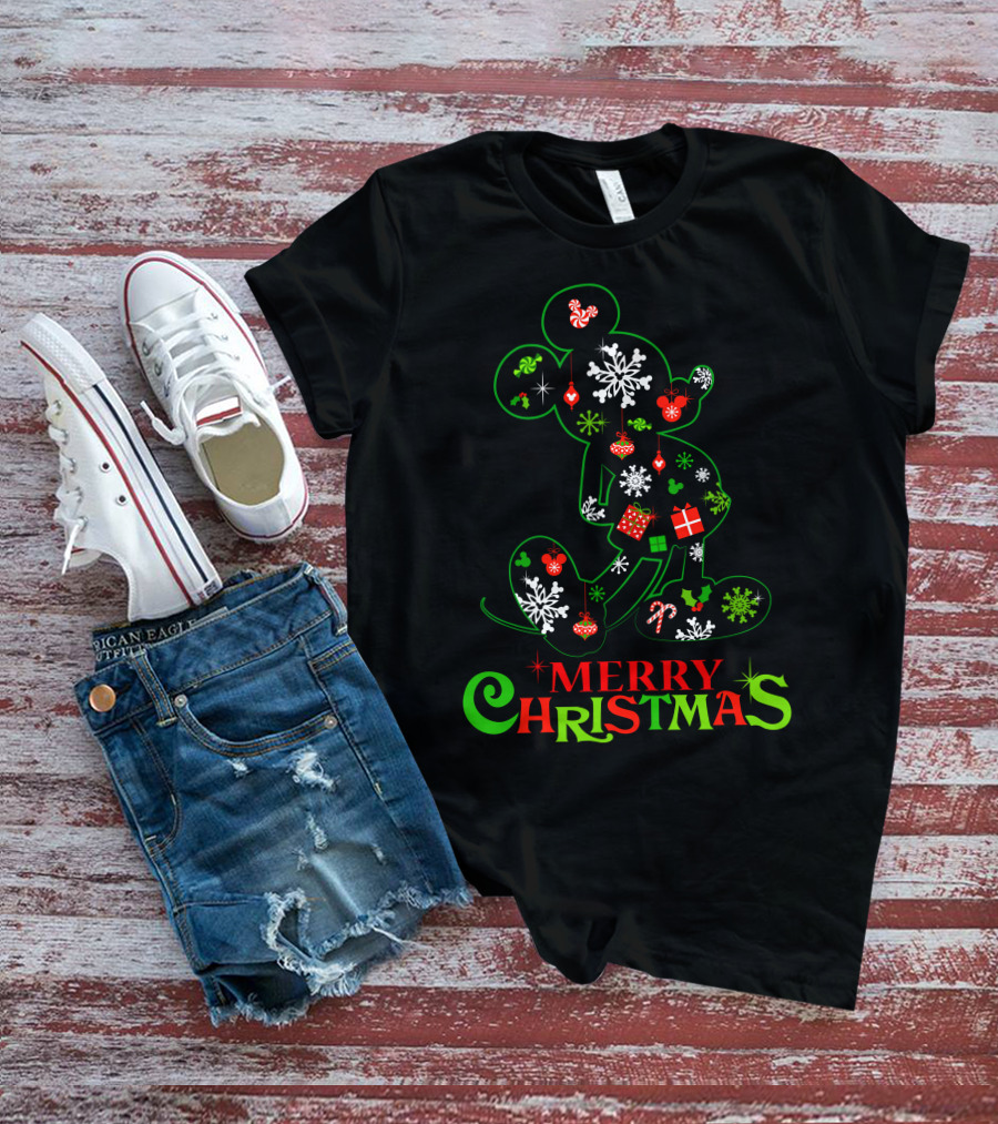Merry Christmas Snowflakes Candy Cane Mickey Mouse Silhouette 128 T-Shirt