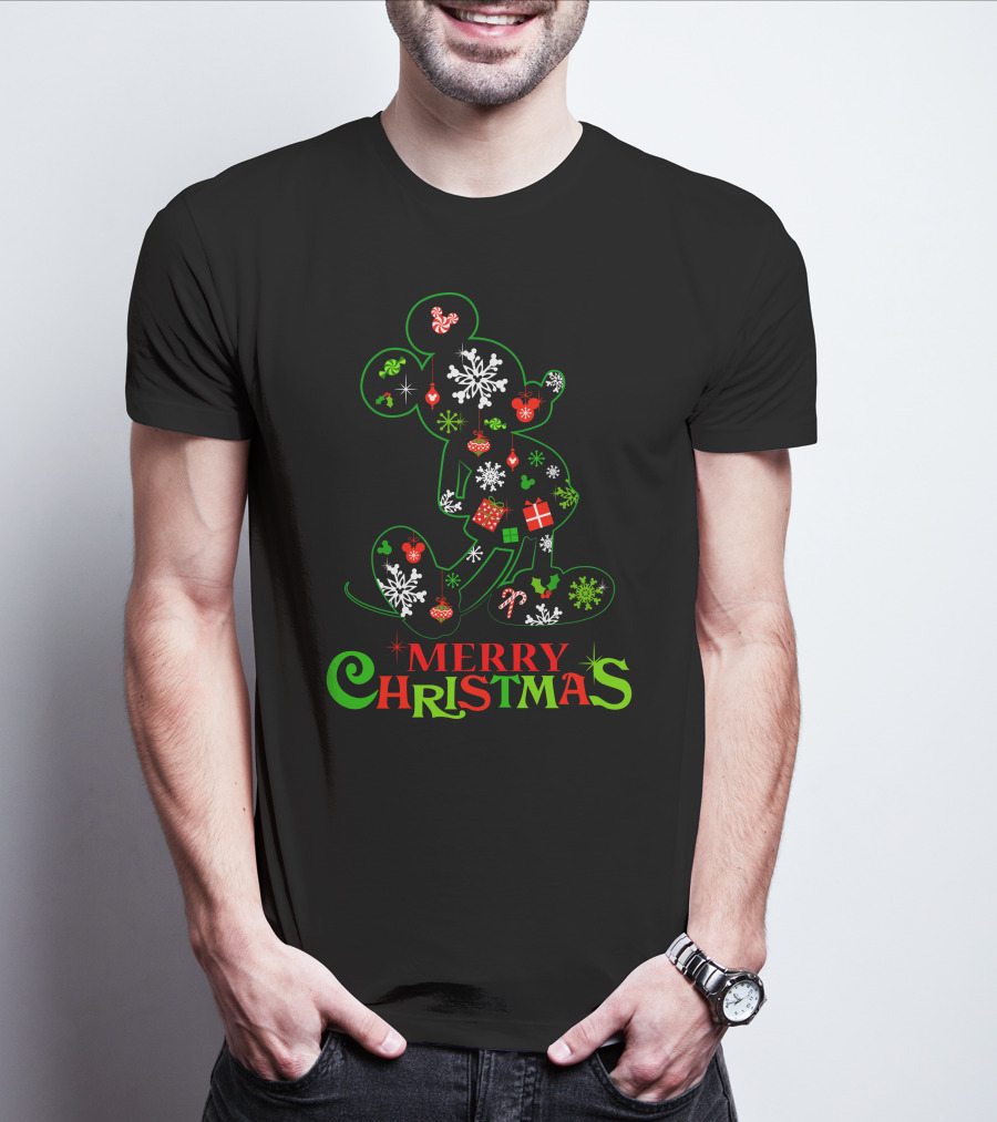 Merry Christmas Snowflakes Candy Cane Mickey Mouse Silhouette 128 T-Shirt