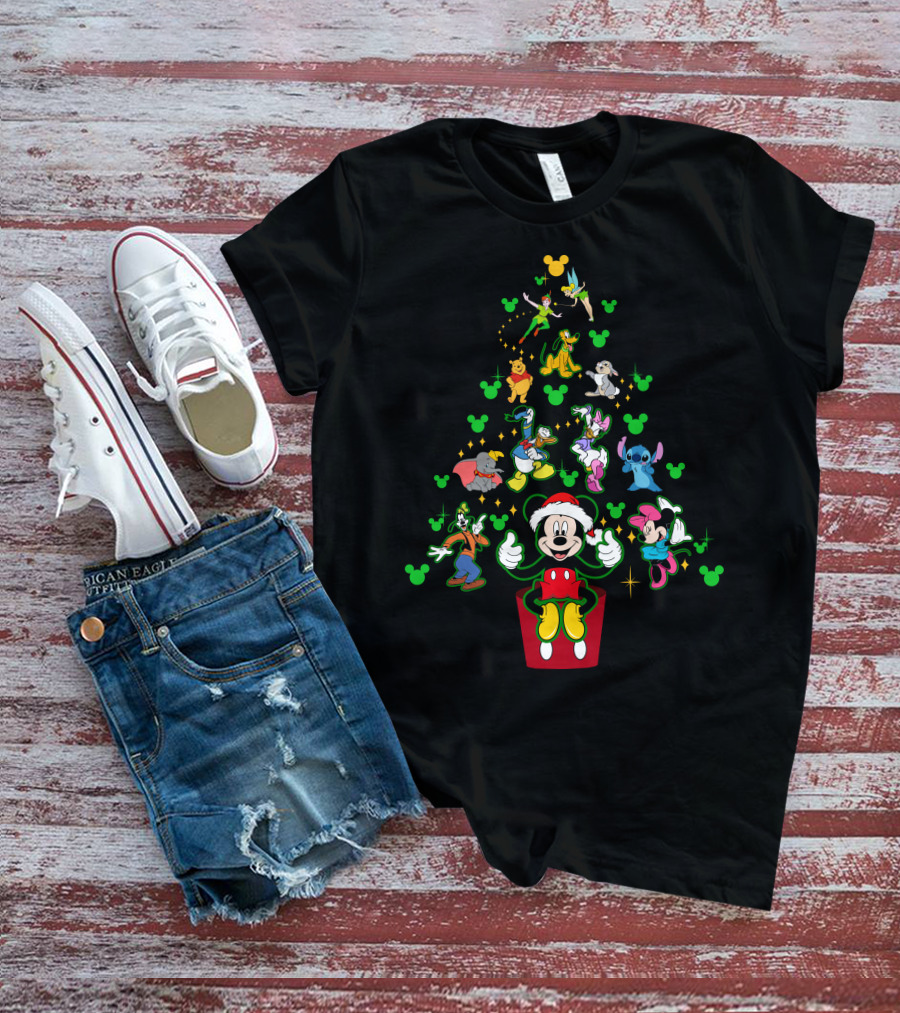 Merry Christmas 42 Disney Characters Tree Mickey Mouse Santa Minnie Stitch Tinker Bell Goofy Pluto Dumbo Winnie The Pooh T-Shirt