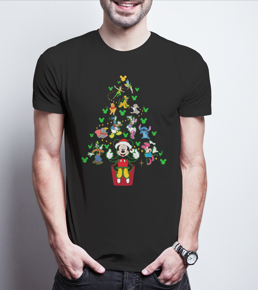 Merry Christmas 42 Disney Characters Tree Mickey Mouse Santa Minnie Stitch Tinker Bell Goofy Pluto Dumbo Winnie The Pooh T-Shirt
