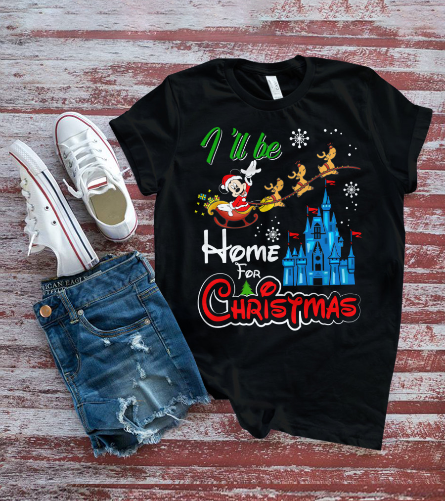 I'll Be Home For Christmas Mickey Mouse Santa Sleigh Castle Reindeer Snowflakes T-Shirt