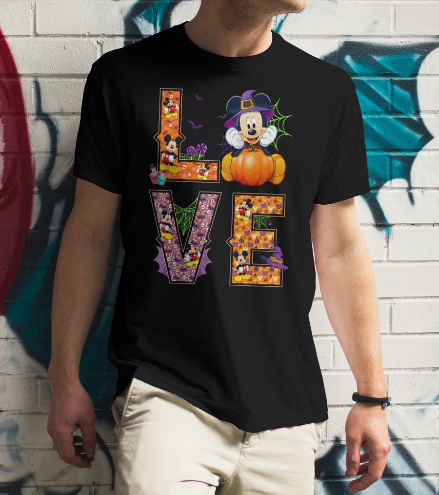 Love Halloween Mickey Mouse Pumpkin Witch Hat Spooky Bats T-Shirt