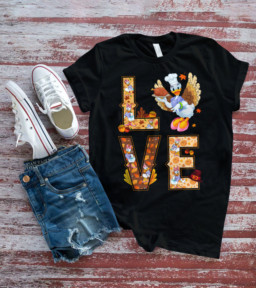Thanksgiving Daisy Duck Love Fall Leaves Pumpkins Turkey Chef Hat T-Shirt