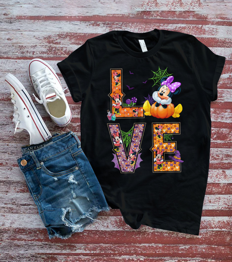 Love Minnie Halloween Pumpkin Bats Spiderwebs Bow T-Shirt
